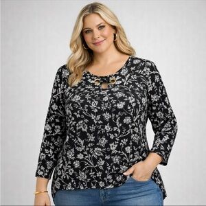 Valerie Stevens Women’s 2X Floral High Low Top Long Sleeve Stretch Office